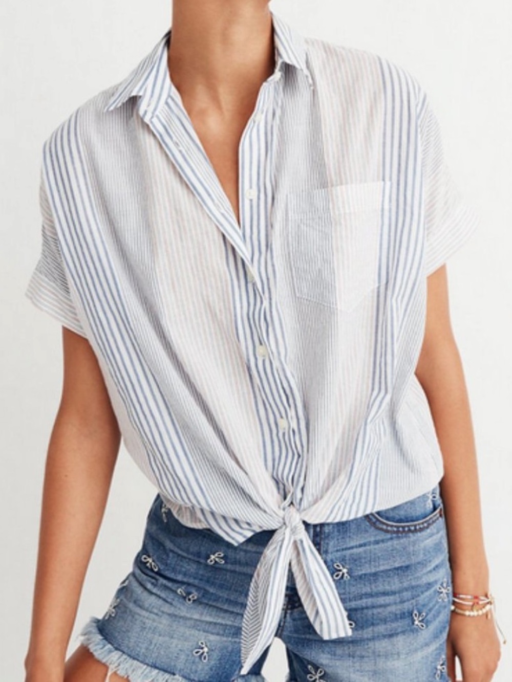Light Blue Stripe Tie-Front Cotton Shirt